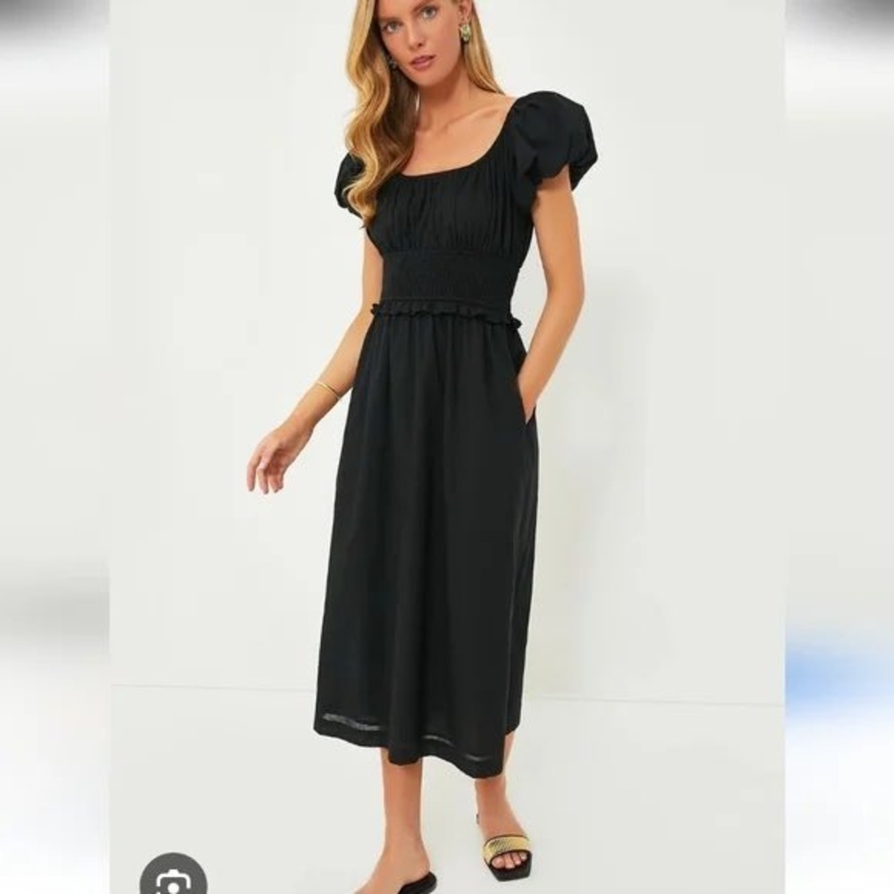 Pomander place tuckernuck black midi dress with puffed sleeves womens size small
